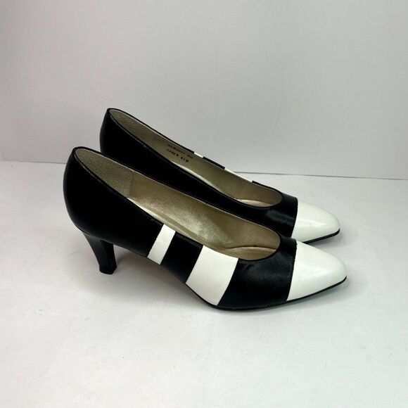Connie Italian Leather White Cap Heel Pumps Black White Comfy Womens Designer - Picture 5 of 10